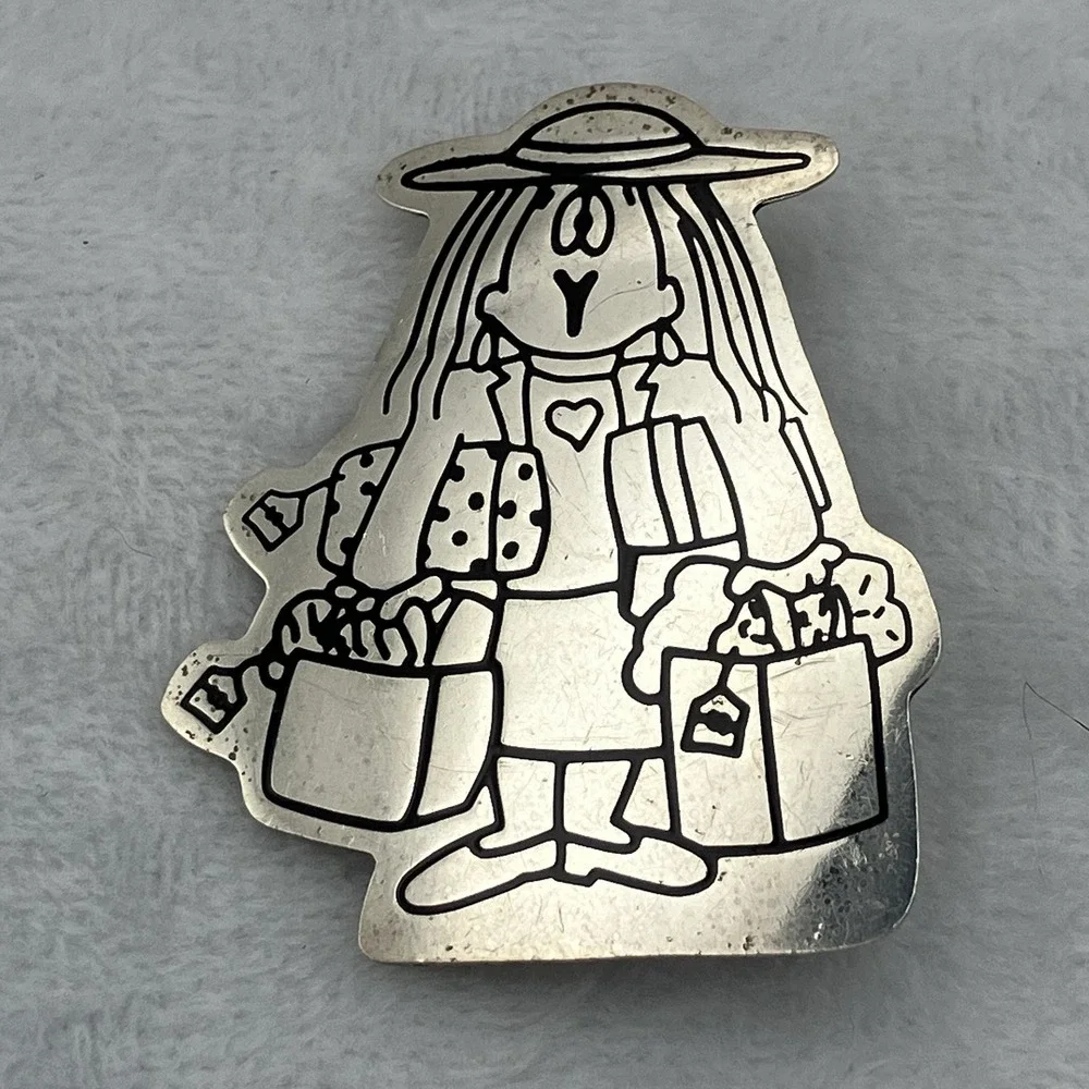 Vtg Cathy Guisewite Comic Strip  Sterling Silver 925 Mexico Brooch Pin Shopping
